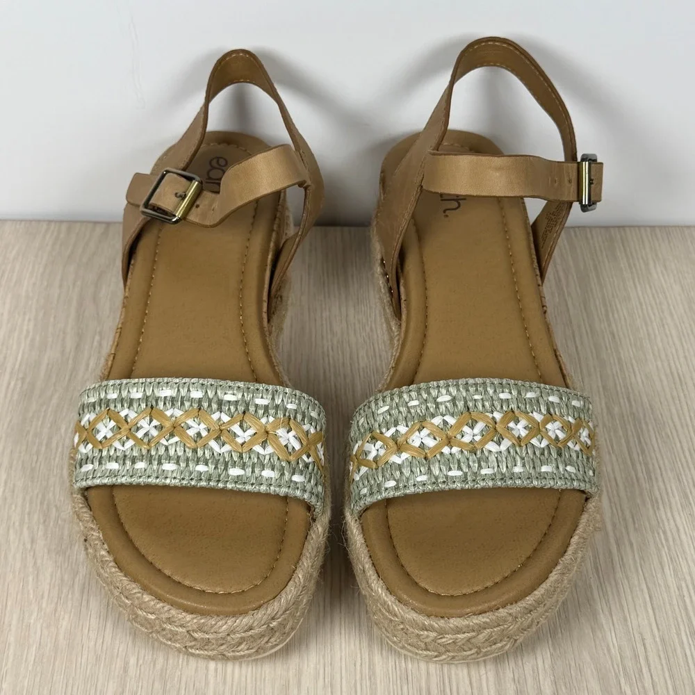 Earth ETCOLLINS Womens 8.5M Tan Leather Woven Espadrille Platform Wedge Sandals